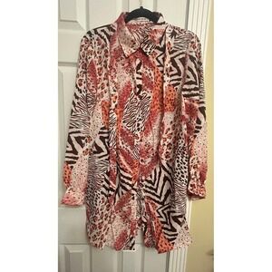Red Leaf Womens Animal Print Patchwork Button Down Shirt Dress Orange Brown S